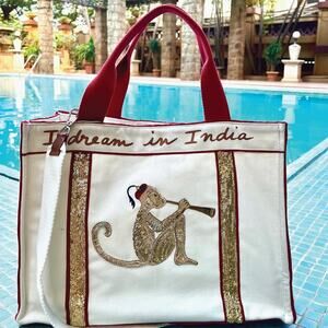 Art-chives The Golden Monkey Tote "I Dream in India" Hand-Embroidered Canvas Bag